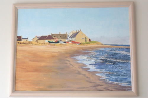 Janet E Davis, Boulmer Beach, oils on canvas board, early - mid 1990s. Private collection.
