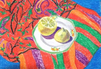 Janet E Davis, Lemon on vintage teaplate on red and green scarf, oil pastels on paper, 2014.