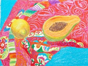 Janet E Davis, Lemon and half a papaya on a silk scarf, oil pastels on paper, 2014.