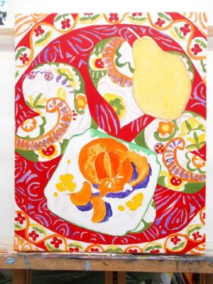 Janet E Davis, Still life - pear, satsuma and scarf stage 4, acrylics on canvas, February 2014.