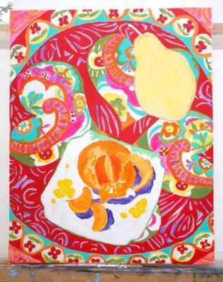 Janet E Davis, Still life - pear, satsuma and scarf stage 5, acrylics on canvas, February 2014.
