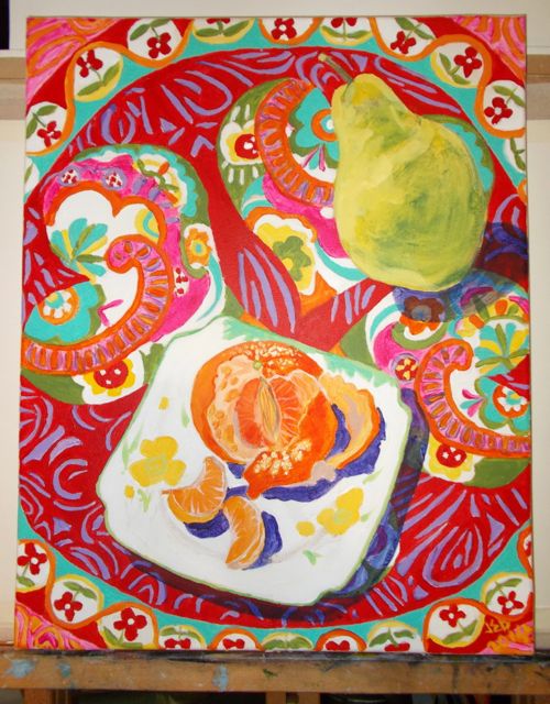 Janet E Davis, Still life - pear, satsuma and scarf stage 6, acrylics on canvas, February 2014.
