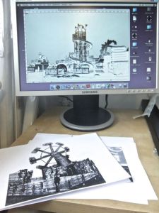 Finishing the 1st stage of the 'Foggy Funfair' photo-litho prints: adjusting the image on computer and printing it onto paper to print onto acetate.