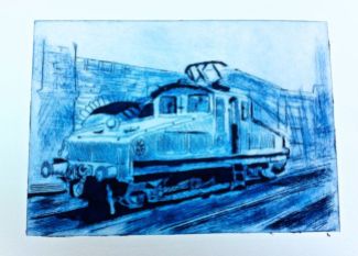Drypoint print of the ES 1 locomotive, designed early 1900s for the freight line going through and under Ouseburn to the Quayside.