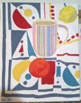 Striped mug with satsuma and lemon, acrylics on canvas.