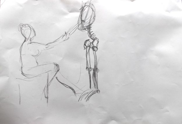 2-minute drawing of model holding the hand of a standing skeleton.
