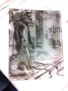 The drypoint plate inked up for the 1st time.