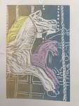 Carousel horse in ochre & blue ink, chîne collé in yellow tissue & pink Korean paper.