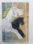 Carousel horse in blue & ochre ink, chîne collé in yellow & black with holographic dots tissue paper.