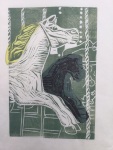 Carousel horse in green ink, chîne collé in yellow tissue and black tissue with holographic dots tissue paper.