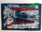 Mouth of the Ouseburn woodcut with red and green chîne collé in tissue paper