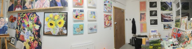 Panorama of the studio arranged for Ouseburn Open Studios, Claire's work to the left, mine to the right.