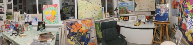 Panorama of the studio arranged for Ouseburn Open Studios, my work to the left, Claire's to the right.