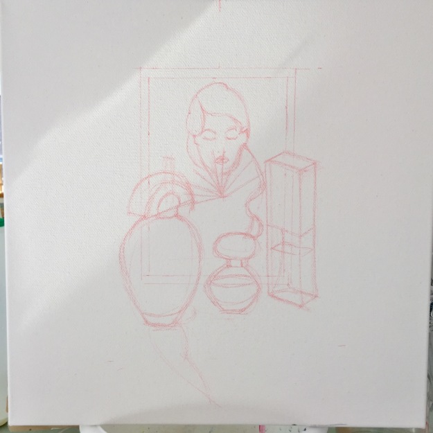 Underdrawing of the perfume still life painting.