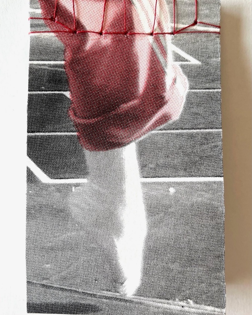 Stab stitch book cover made in 2022 from part of a colour proof of a Dancers rehearsing print from 2017.